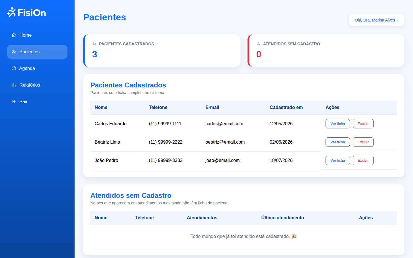 Gestão de pacientes do FisiOn